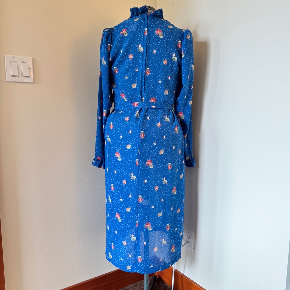 Vintage Tall Girl Prairie Midi Dress Blue Floral Ruffle Collar Size 12 Tall - Picture 3 of 16